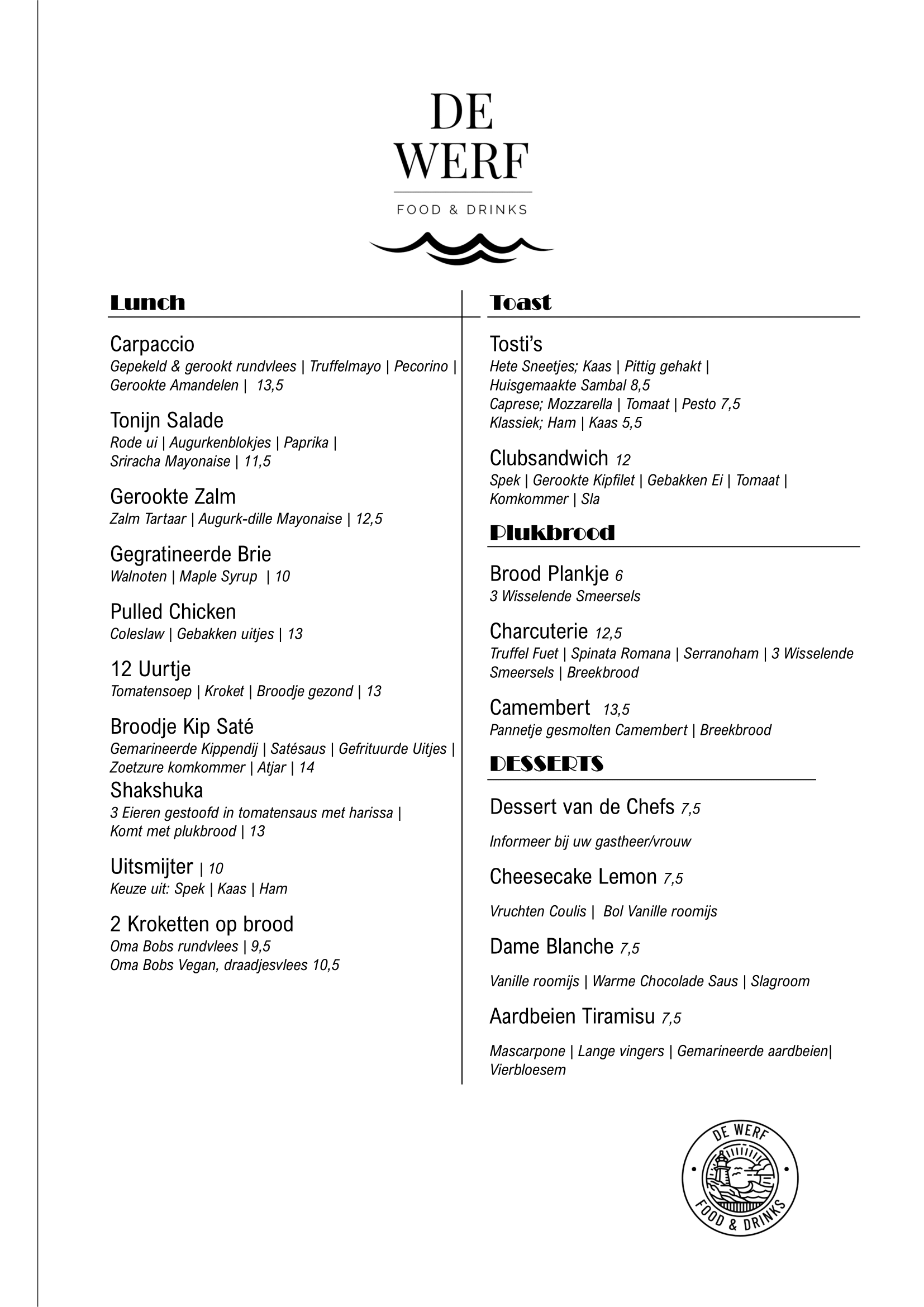 De Werf Den Helder restaurant lunchkaart